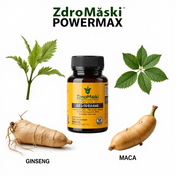 Ilustracja przedstawiająca kluczowe składniki Zdromoskilife PowerMax: buzdyganek, żeń-szeń, maca.