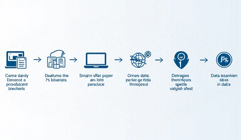 Diagram przedstawiający przepływ danych osobowych w systemie Zdromoskilife, z ikonami symbolizującymi różne etapy przetwarzania danych, takie jak zbieranie, przechowywanie, analiza i ochrona, w tle subtelne, nowoczesne wzory cyfrowe.